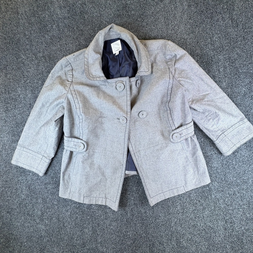 Halogen Blazer Jacket Womens Large Gray Black Micro Check Cotton Double Breasted
